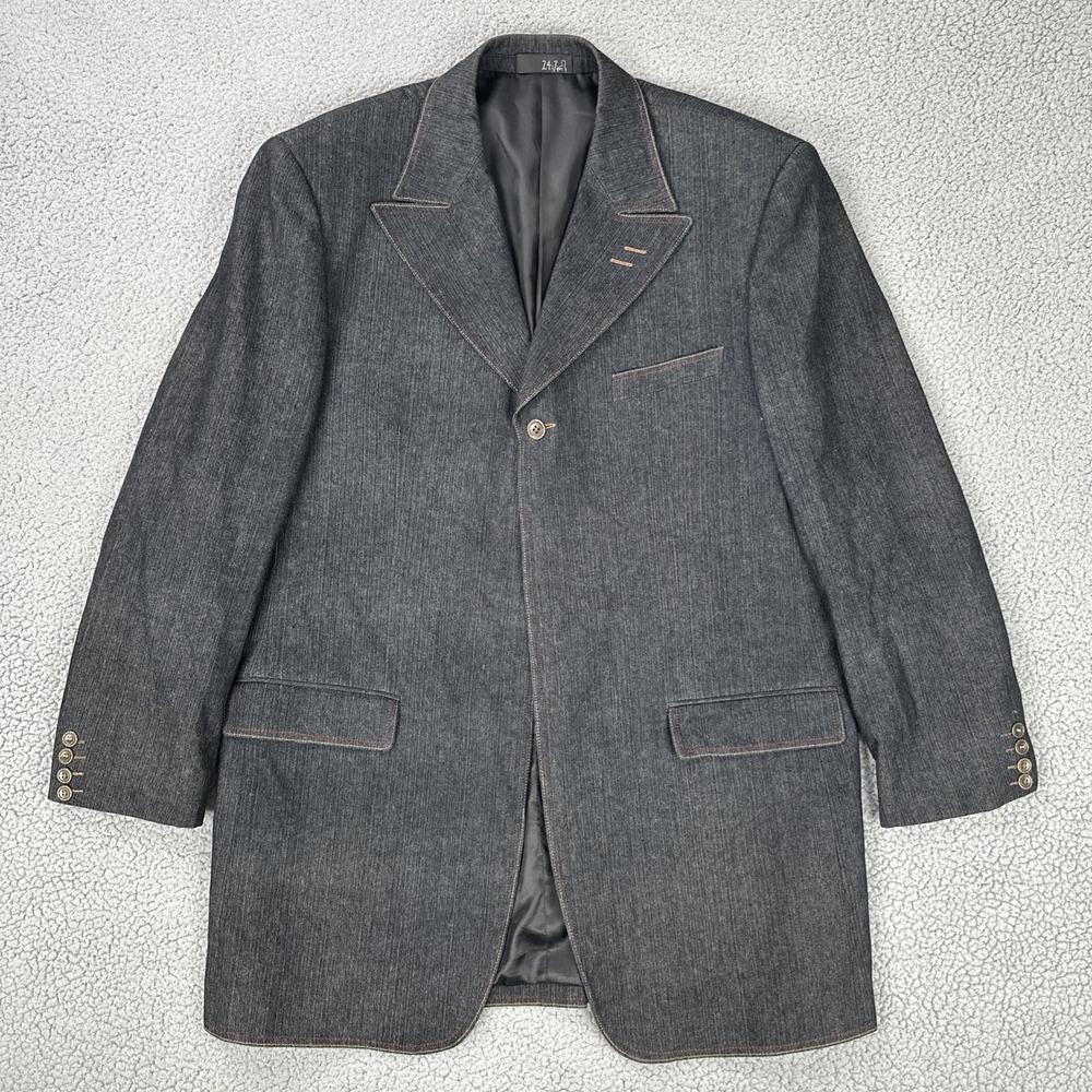 VTG 24:7 INC Denim Blazer Men 48 Black Dark Wash Peak‎ Lapel Single Button